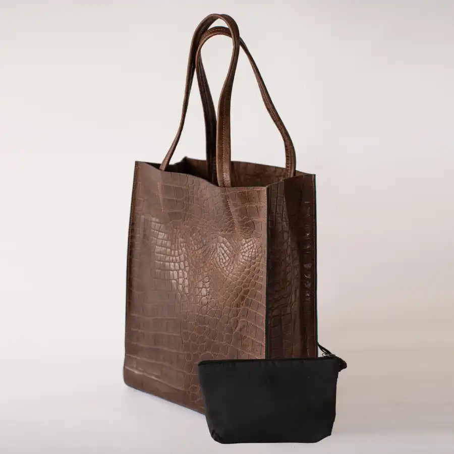 Sac cabas Yoko - En cuir chocolat imprimé crocodile
