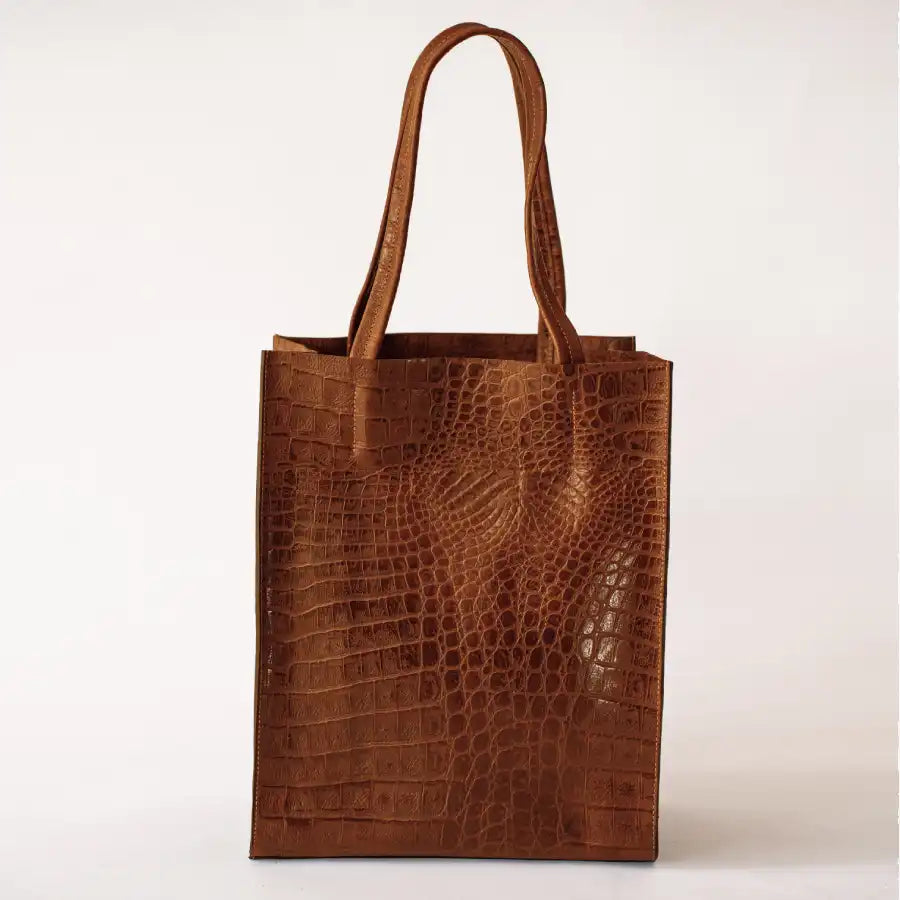 Sac cabas Yoko - En cuir caramel imprimé crocodile